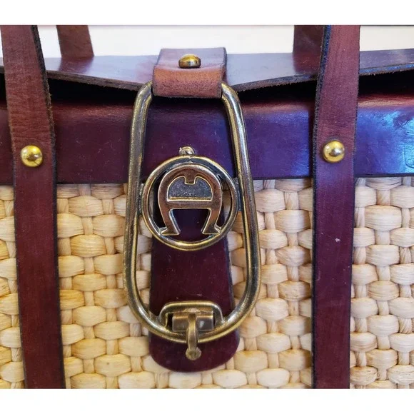 Etienne Aigner Vintage Woven Straw Double Handle Purse, Leather & Brass Details - Picture 2 of 16